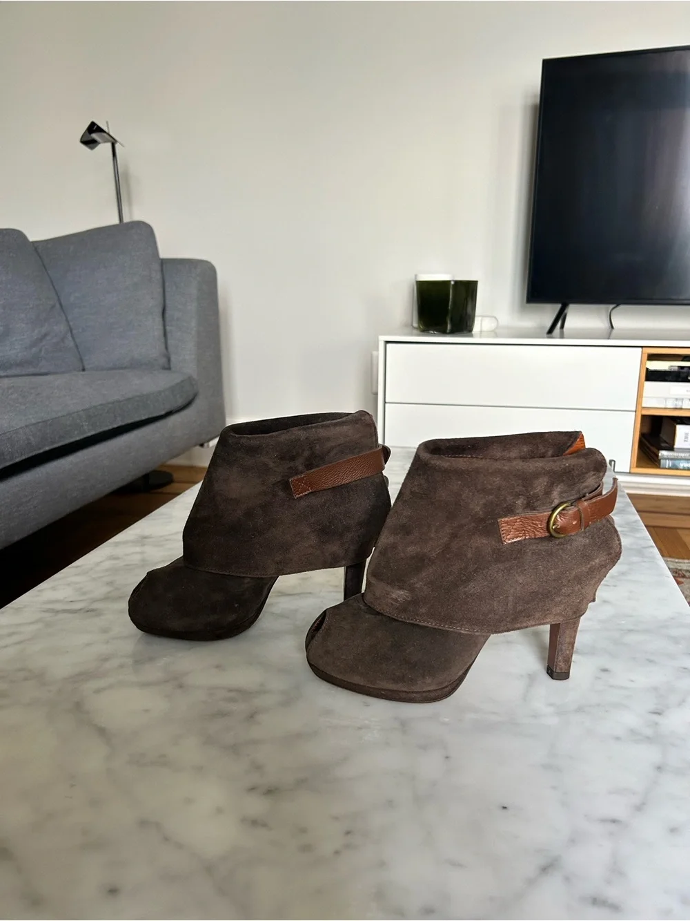 Michel Perry Dark Brown Suede Ankle Booties with Buckle Strap